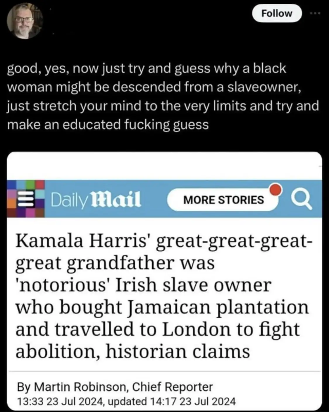 The image displays a screenshot of a social media post with overlaid text that sarcastically challenges viewers to guess why…