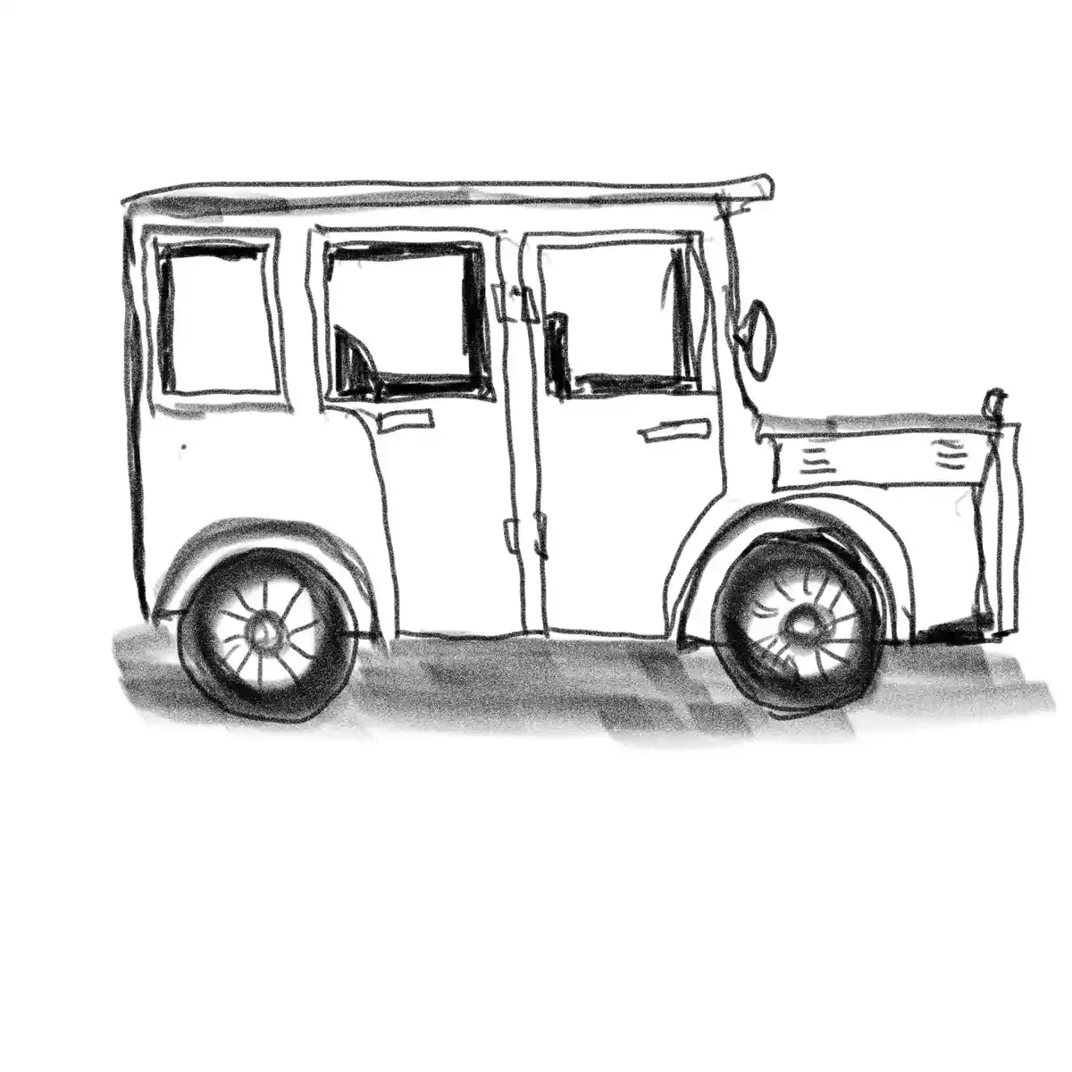 A simple black-and-white sketch of a boxy, vintage-style vehicle with multiple windows, doors, and spoked wheels, drawn in a…