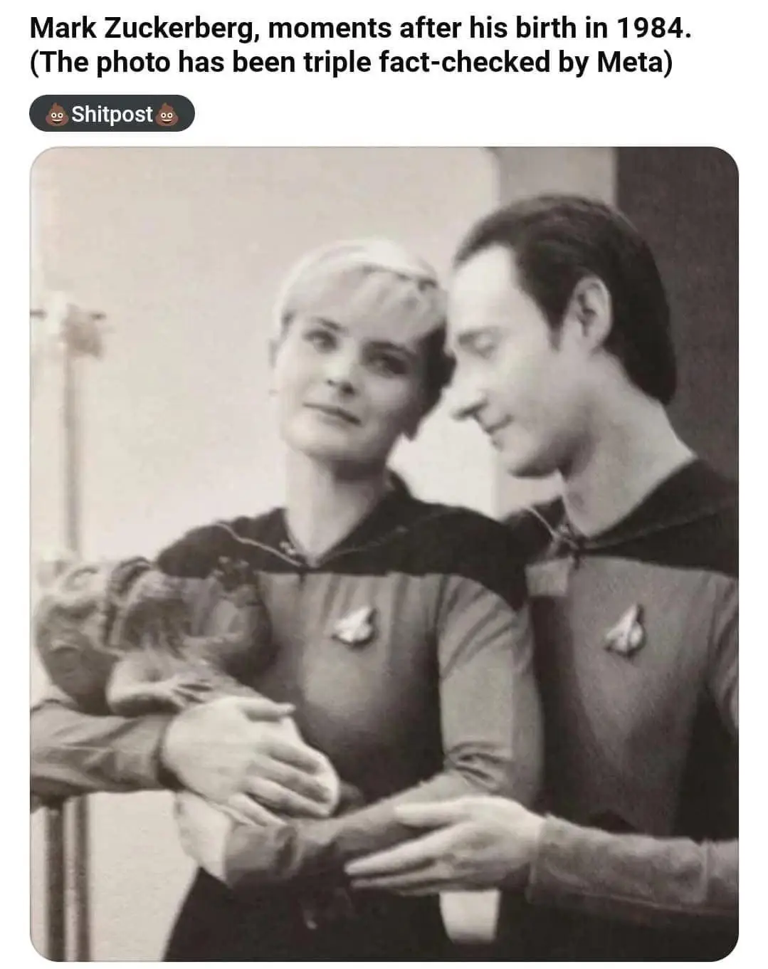 A black-and-white photo shows two people in Star Trek uniforms holding a baby. The text claims this is Mark Zuckerberg…