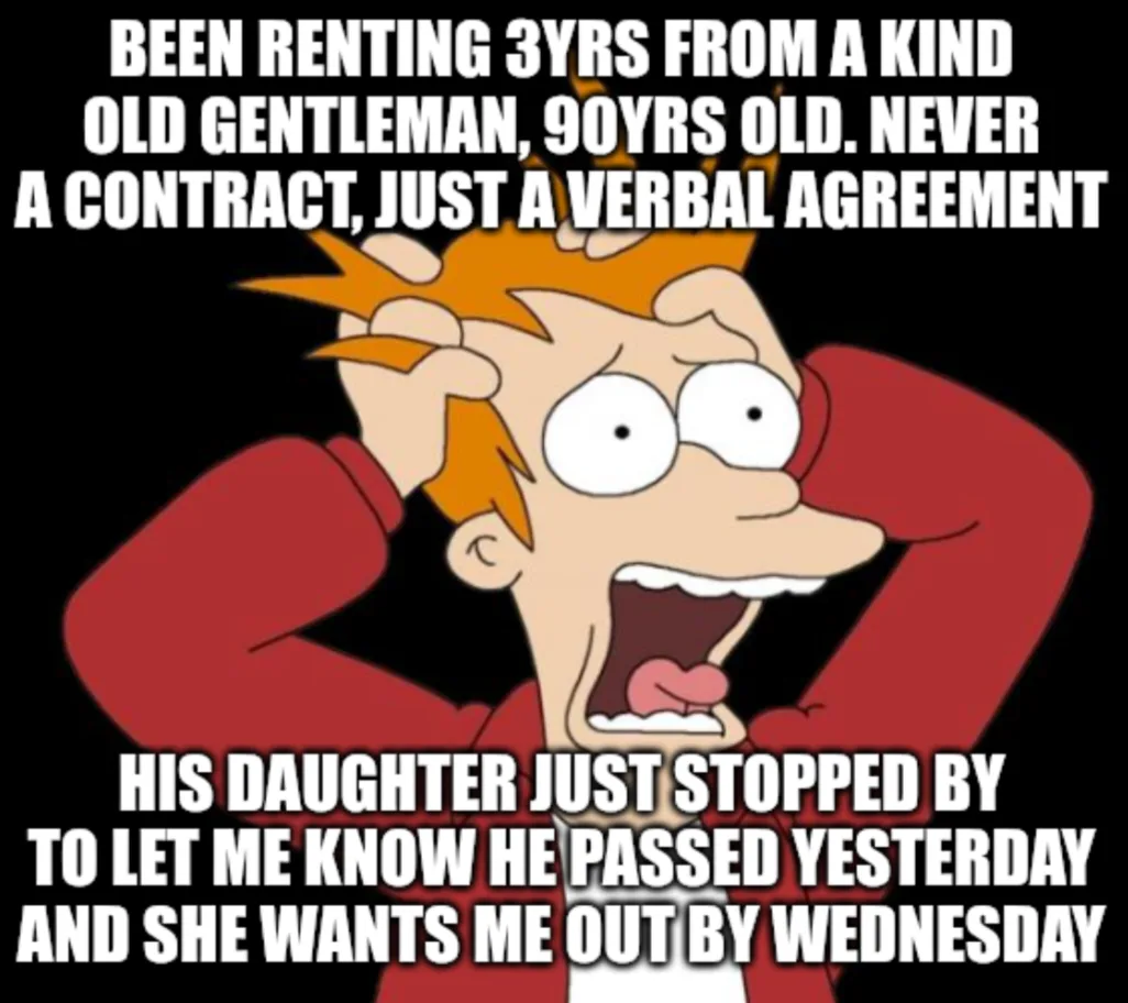 The image shows the animated character Fry from Futurama with a shocked and panicked expression, hands on his head. The…