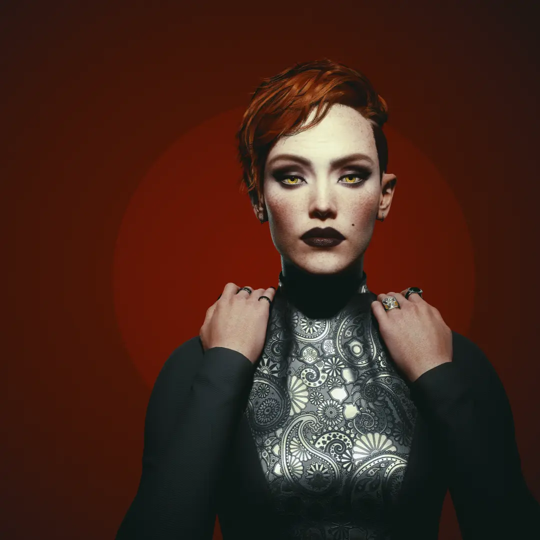 A person with short red hair, yellow eyes, and dark lipstick stands against a red background, hands on shoulders, wearing a…