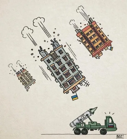 A cartoon drawing shows three apartment buildings flying through the air with smoke trails, while a military truck with a…