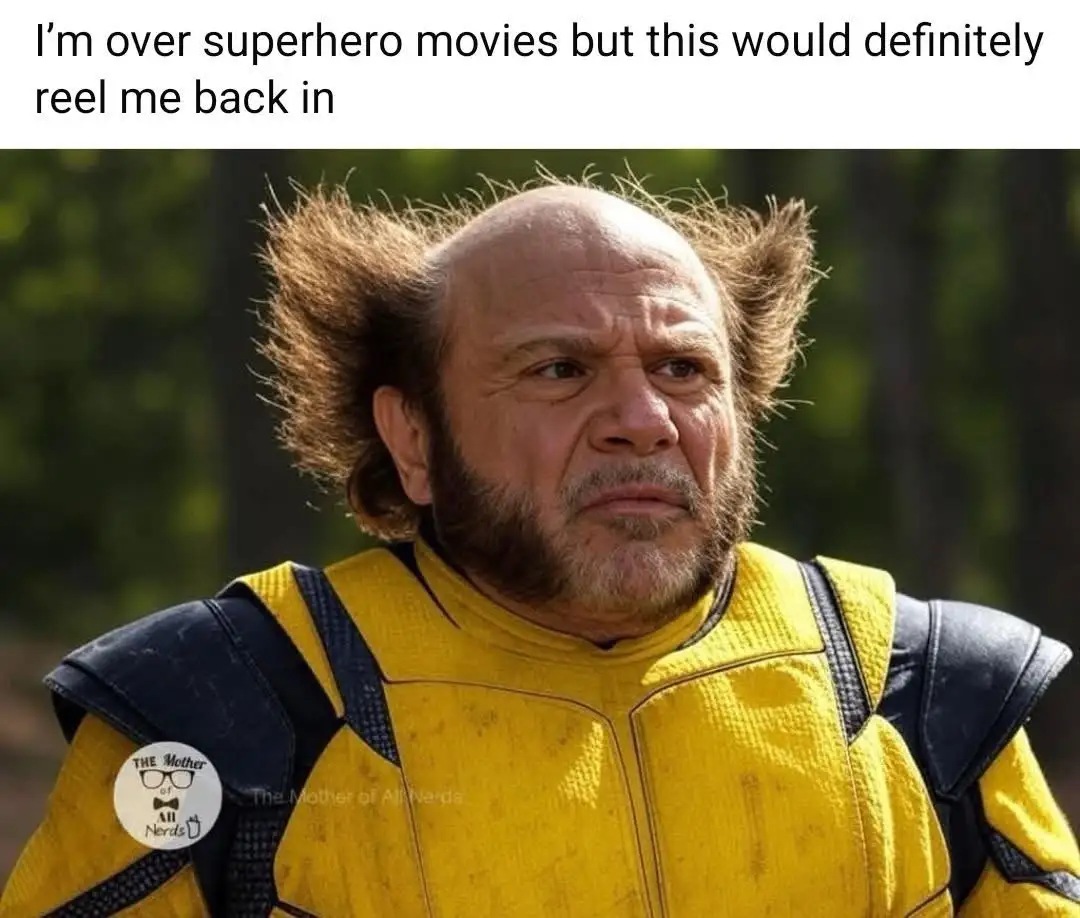 A man with a bald head and wild tufts of hair on the sides, wearing a yellow and black superhero costume, looks skeptical…