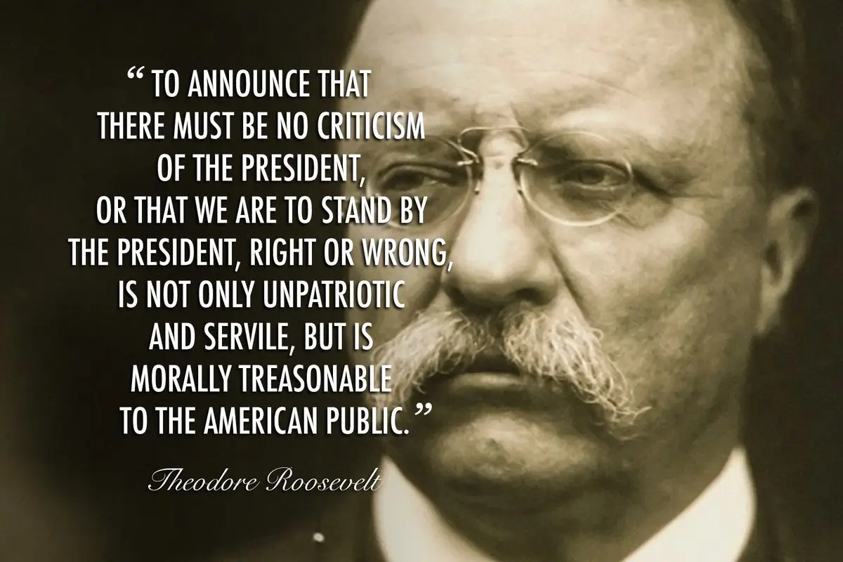 A sepia-toned portrait of Theodore Roosevelt with a mustache and glasses, overlaid with a quote attributed to him about the…