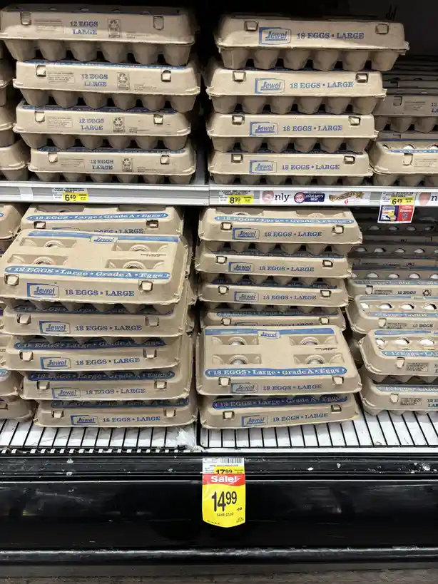 A grocery store egg aisle displays stacks of 'Jewel' brand egg cartons, mostly labeled '18 EGGS • LARGE', with a prominent…