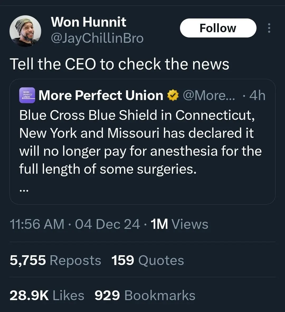 A screenshot of a social media post by 'Won Hunnit' showing a tweet from 'More Perfect Union' that reads: 'Blue Cross Blue…
