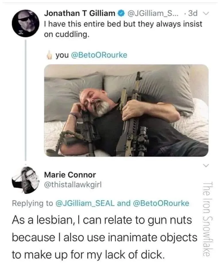 A screenshot of a Twitter thread shows a man sleeping in bed with two large rifles held against his chest. The original…