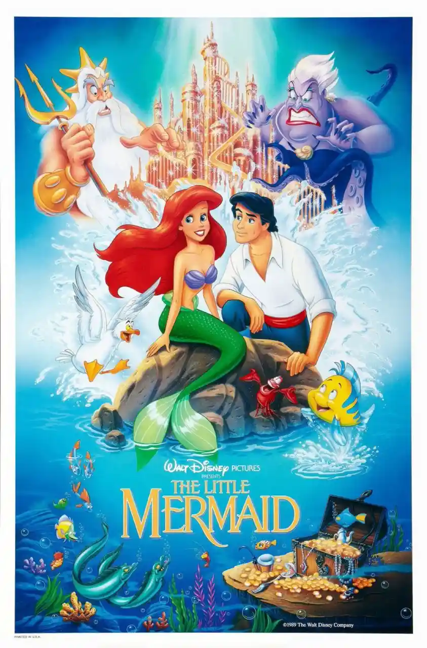 This is the official movie poster for Disney's 'The Little Mermaid' (1989), featuring Ariel and Prince Eric sitting on a…
