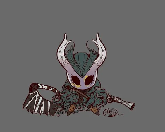 A chibi-style illustration of a character with a white helmet featuring large horns and a teal crest, holding a large axe…