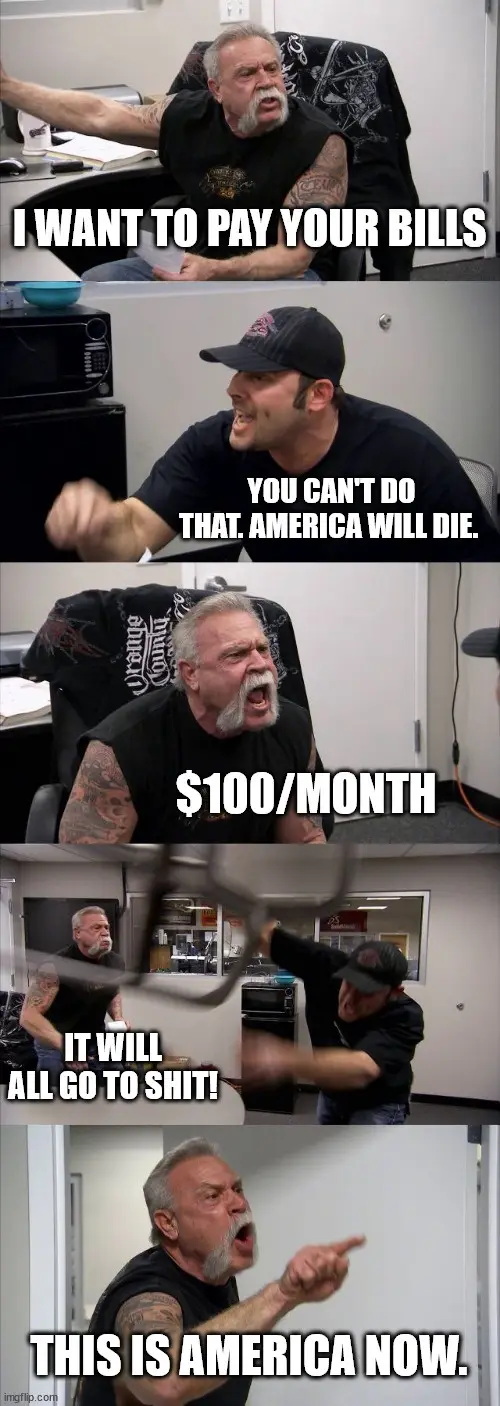 A five-panel meme featuring a man with a white beard and tattoos offering to pay someone's bills, who reacts with outrage…