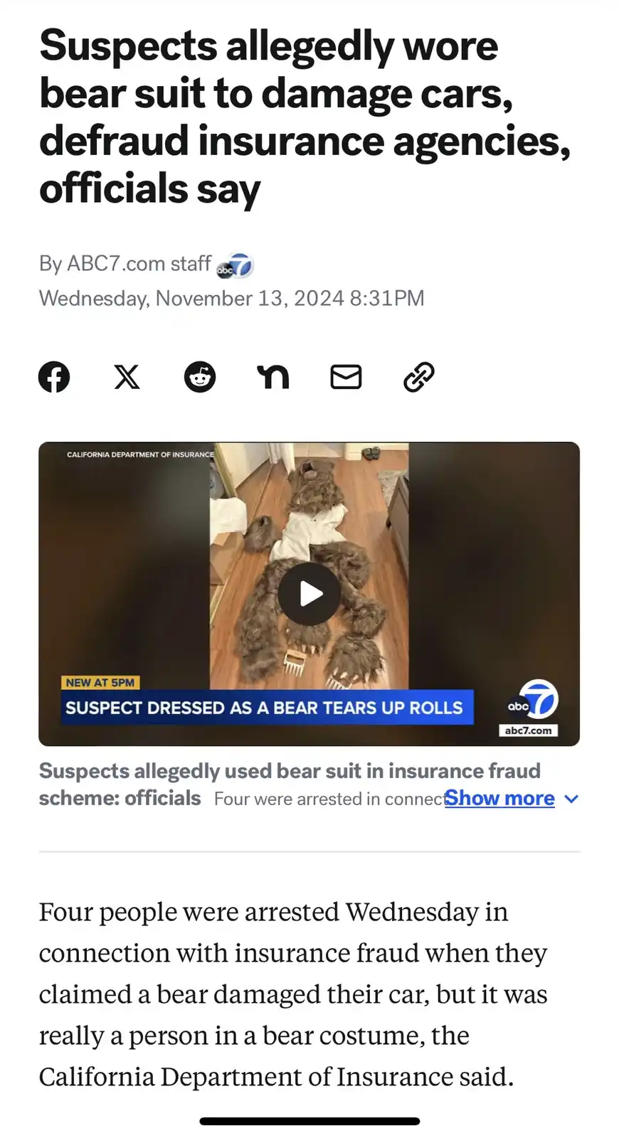 A screenshot of a news article from ABC7.com dated November 13, 2024, reports that suspects allegedly wore bear suits to…