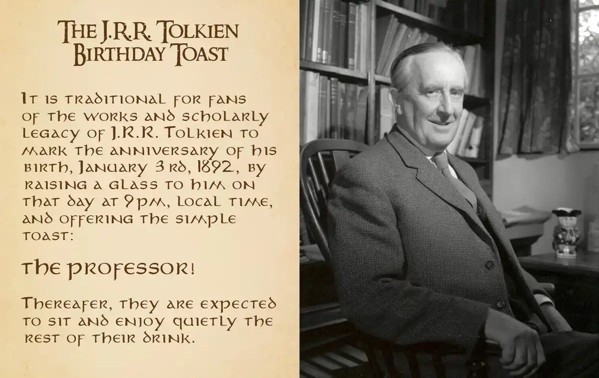 A black-and-white photo of J.R.R. Tolkien smiling while seated in a chair, with bookshelves behind him. Overlaid text…