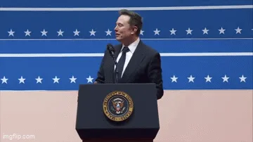 A six-panel image sequence shows Elon Musk standing at a podium with the presidential seal, gesturing dramatically as if…