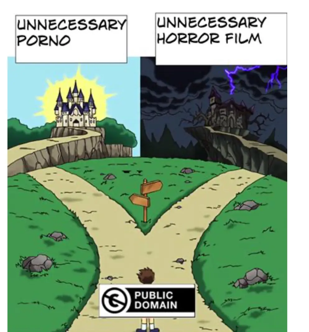 A cartoon image shows a character standing at a fork in the road with two wooden signs pointing to either side. The left…