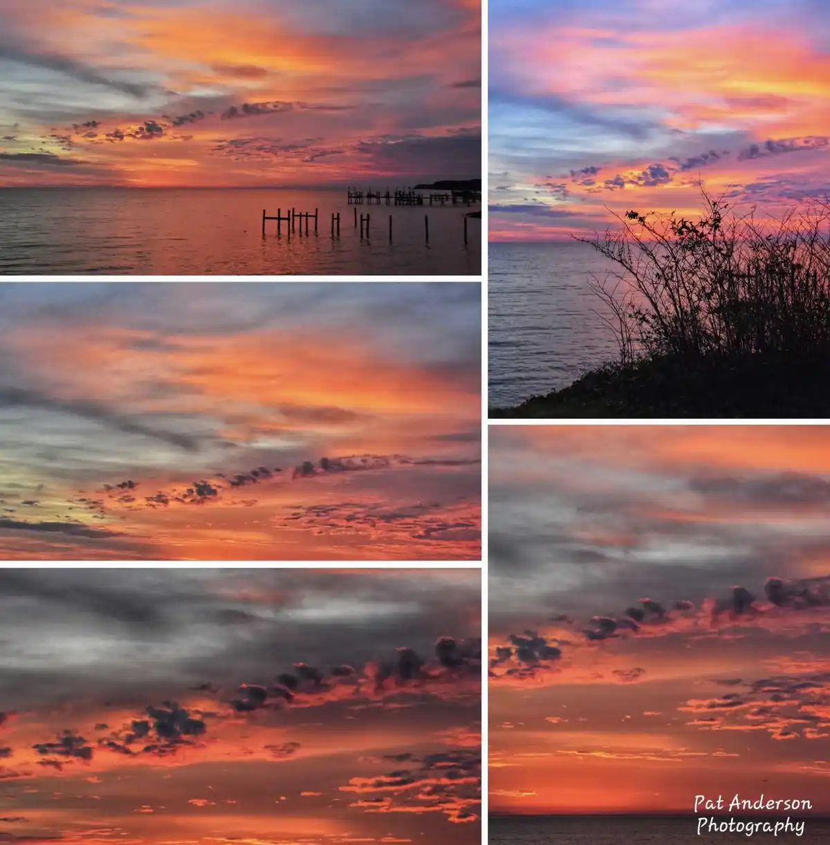 A collage of six photos showing vibrant, colorful sunsets over water, featuring silhouettes of docks, clouds, and foliage…