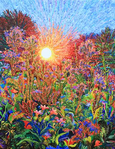 A vibrant, stylized painting depicts a sunburst radiating through a dense field of colorful, abstract plants and flowers…