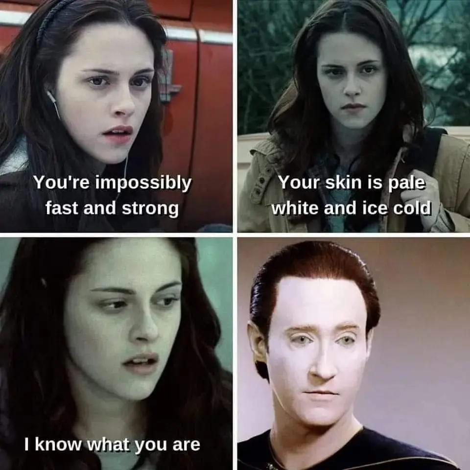 A four-panel meme featuring Kristen Stewart as Bella Swan from 'Twilight' in three panels, each with text describing…