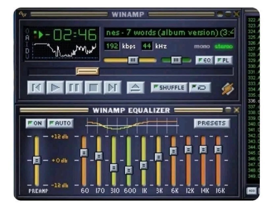 A screenshot of the Winamp media player interface showing a song titled 'nes - 7 words (album version)' playing at 192 kbps…