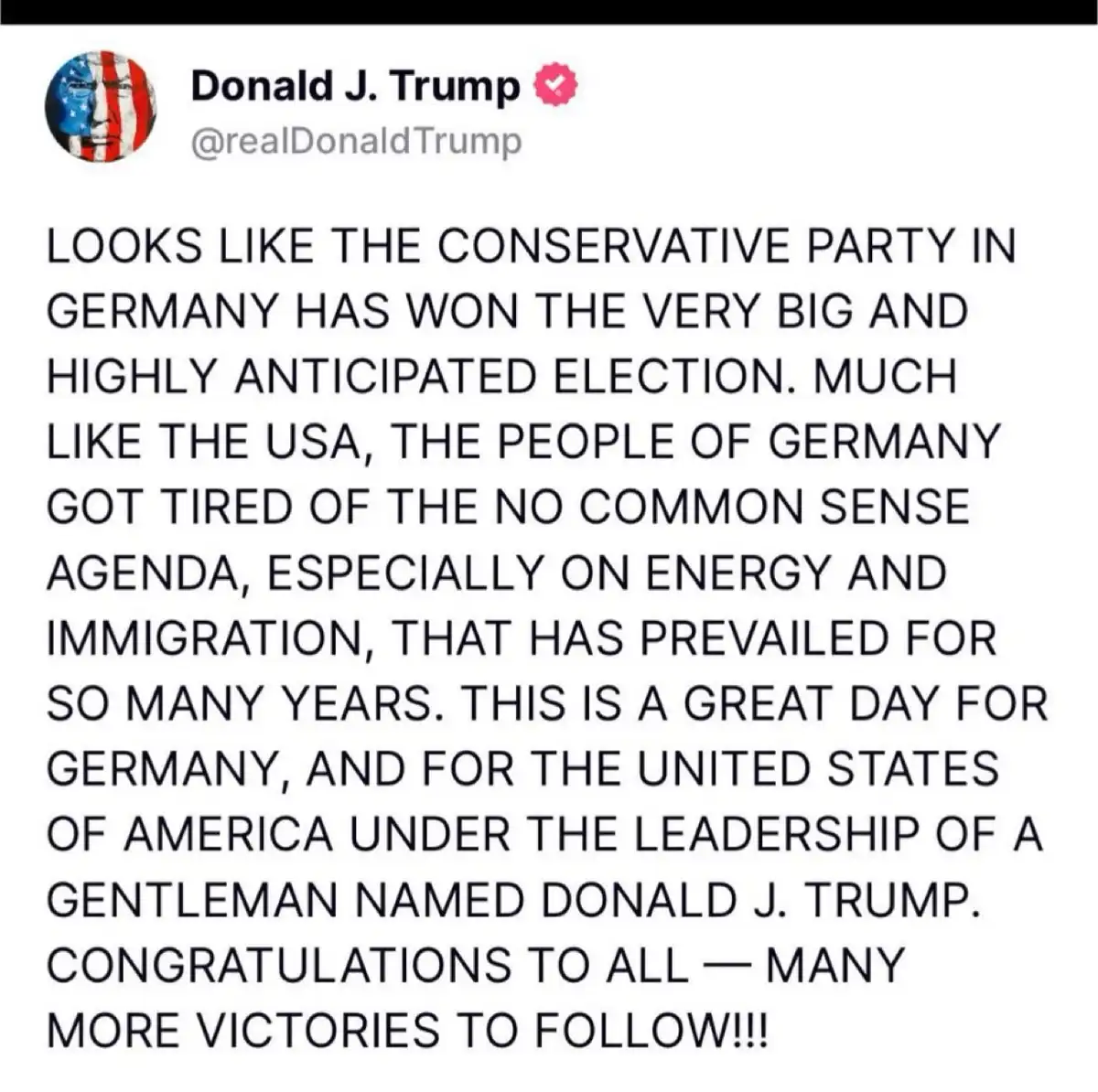 The image displays a screenshot of a tweet attributed to Donald J. Trump, featuring his profile picture with an American…
