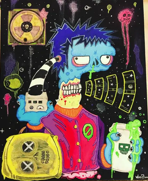 A cartoonish blue-skinned zombie with spiky hair, wearing a red jacket and orange turtleneck, holds a boombox and a drink…