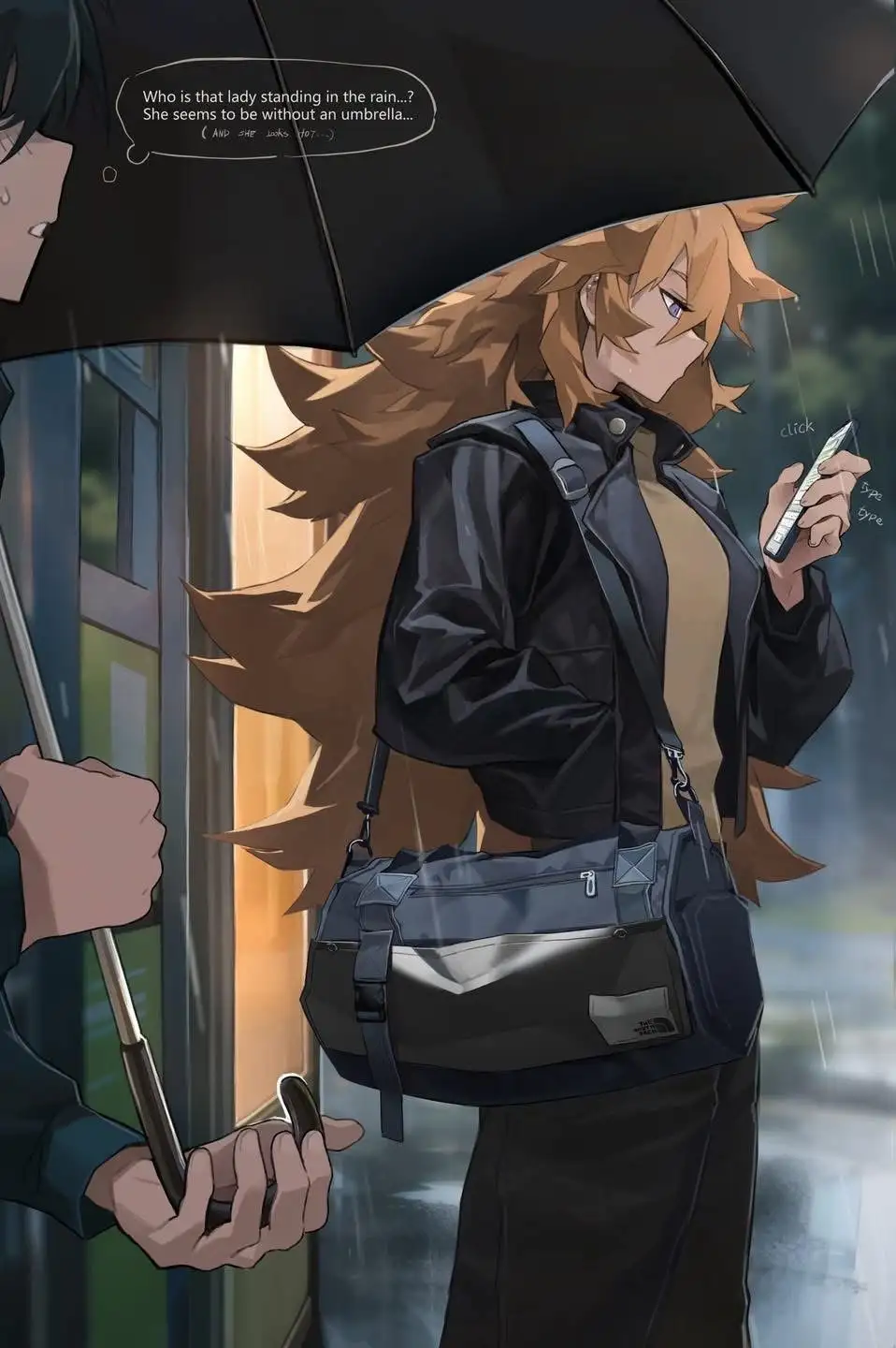 An anime-style illustration shows a person holding an umbrella over another person standing in the rain. The person under…