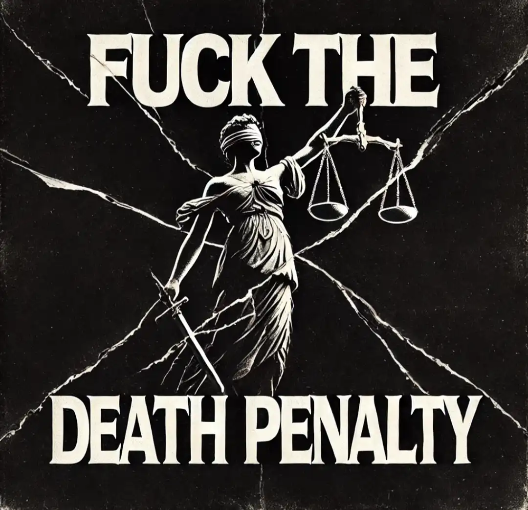 A black-and-white image shows a statue of Lady Justice, blindfolded, holding scales and a sword, set against a cracked…