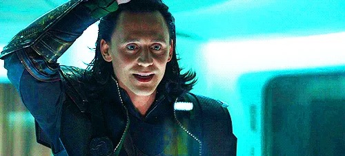 The image shows six panels of Tom Hiddleston as Loki, each depicting him with one hand on his head and a progressively…