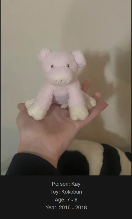 A person's hand holds a small, pink plush pig toy against a plain wall. The toy has white paws and a simple stitched face…