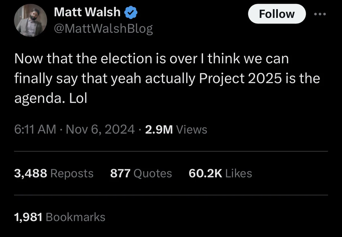 A screenshot of a tweet from Matt Walsh's verified account @MattWalshBlog, posted at 6:11 AM on November 6, 2024, showing…