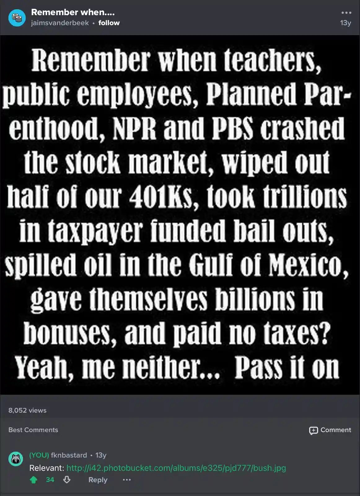 A black background with large white text listing a series of exaggerated claims about teachers, public employees, Planned…