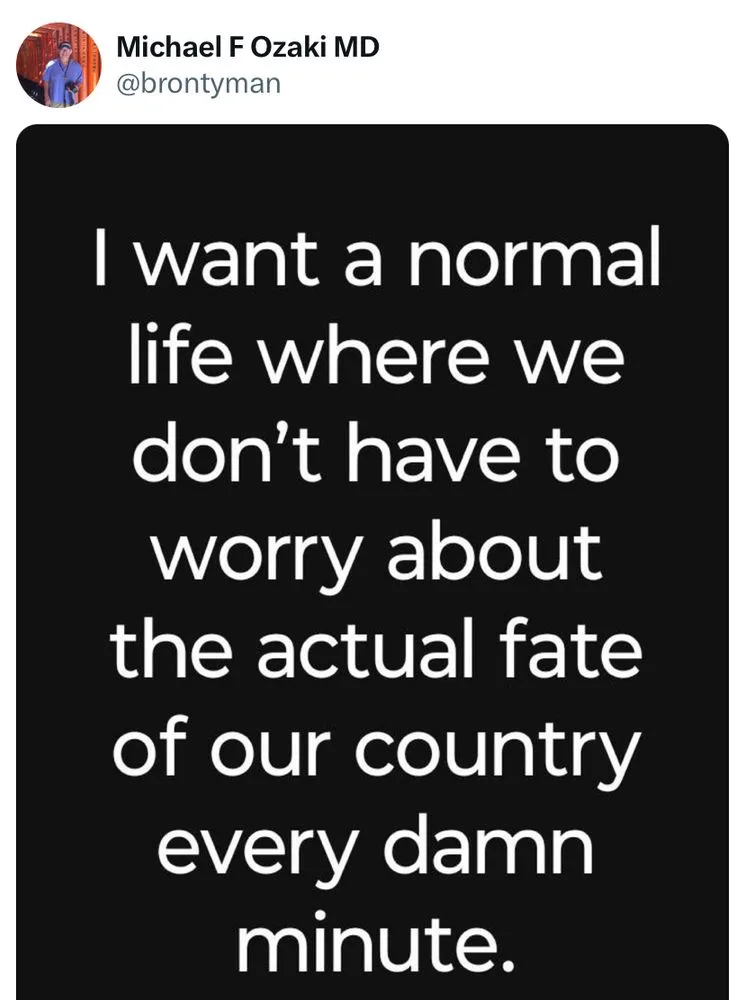 A black background with large white text stating 'I want a normal life where we don't have to worry about the actual fate of…
