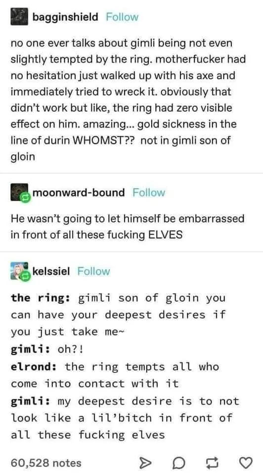 A screenshot of a Tumblr post showing a comment thread about Gimli from Lord of the Rings. The top comment argues Gimli was…