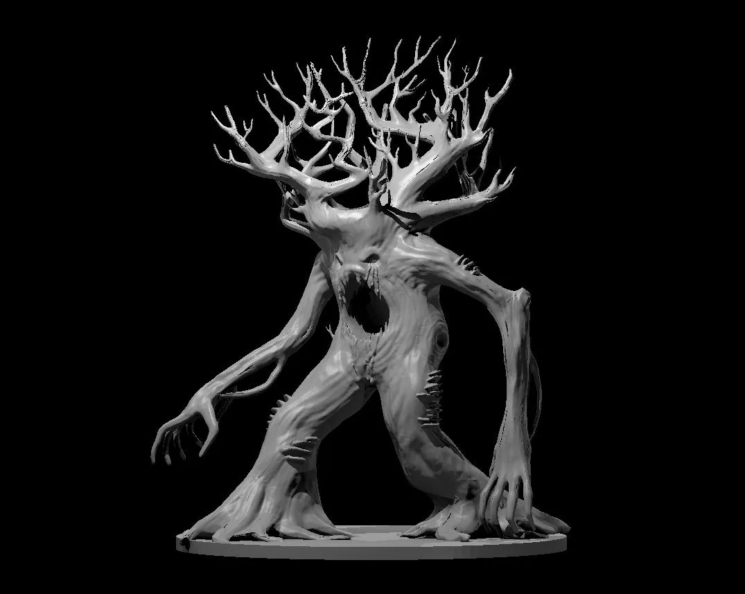 A grayscale statue of a humanoid figure with a tree-like body, gnarled limbs, and a head formed entirely of branching…