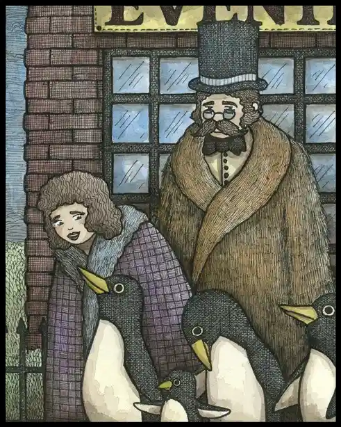 An illustrated scene shows a woman in a purple coat and scarf standing beside a man in a top hat and fur coat, both…