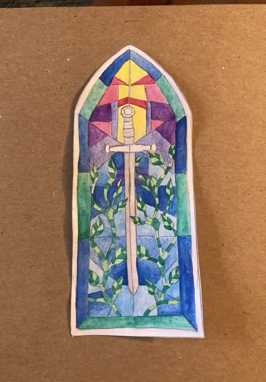 A hand-drawn illustration resembling a stained-glass window depicts a sword vertically centered, surrounded by green vines…