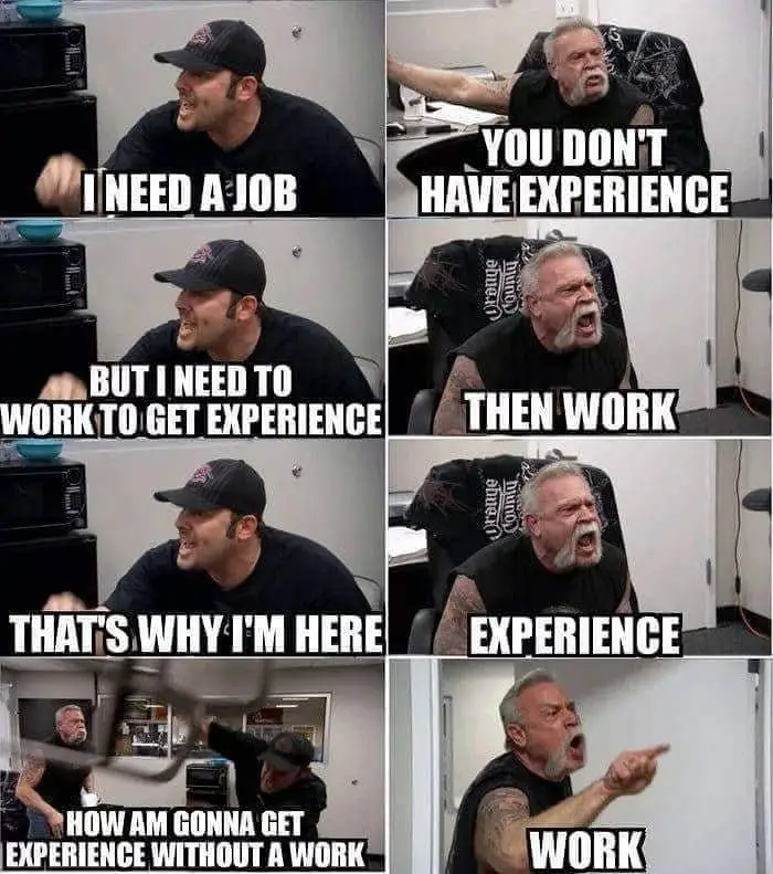 A six-panel meme featuring two men in an office setting. The younger man, wearing a cap, repeatedly pleads for a job…