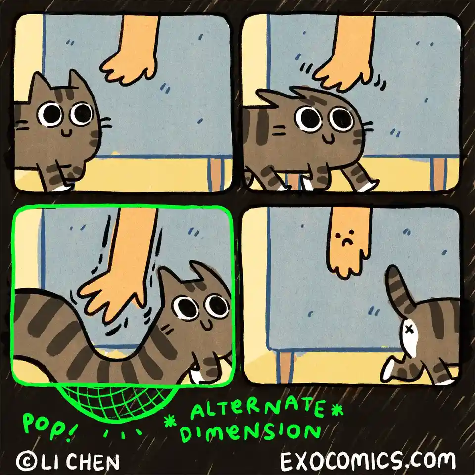 A four-panel comic shows a tabby cat being petted by a human hand, then stretching into a worm-like shape, and finally…