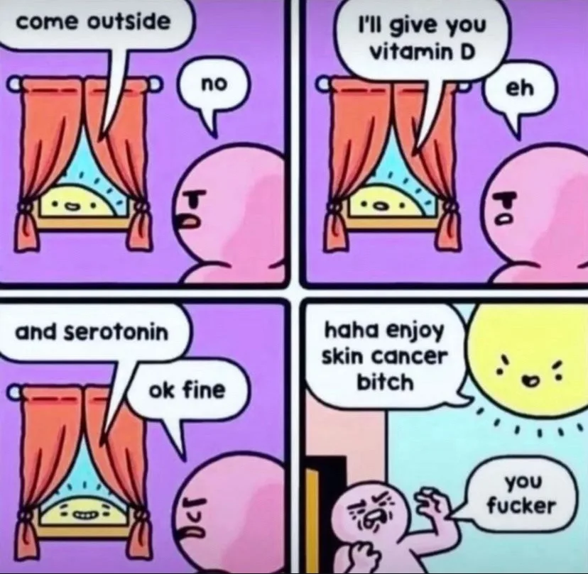 A four-panel comic strip featuring a pink, round-headed character refusing to go outside at first, then reluctantly agreeing…