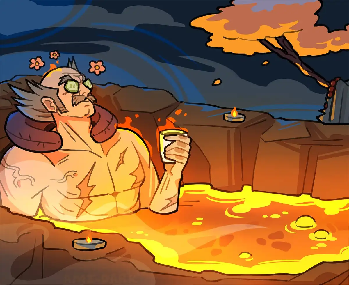 A cartoon man with a mustache and cucumber slices over his eyes is relaxing in a pool of lava, holding a mug, with candles…