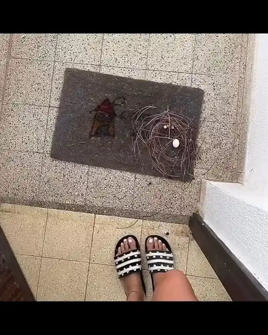 A first-person view shows a person's feet in black and white striped sandals standing on tiled flooring. In front of them is…