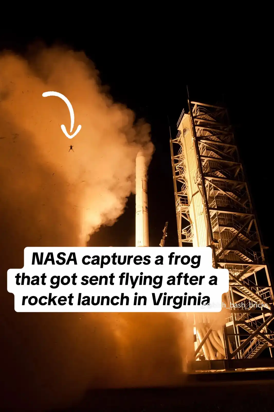 A nighttime rocket launch photo shows a large plume of orange smoke and fire. A white arrow points to a small, dark…