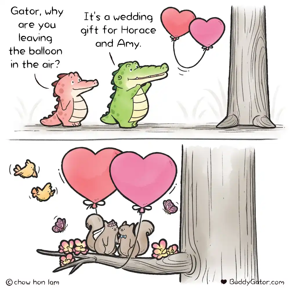 A cartoon depicts a pink alligator asking a green alligator why he's leaving two heart-shaped balloons floating in the air…