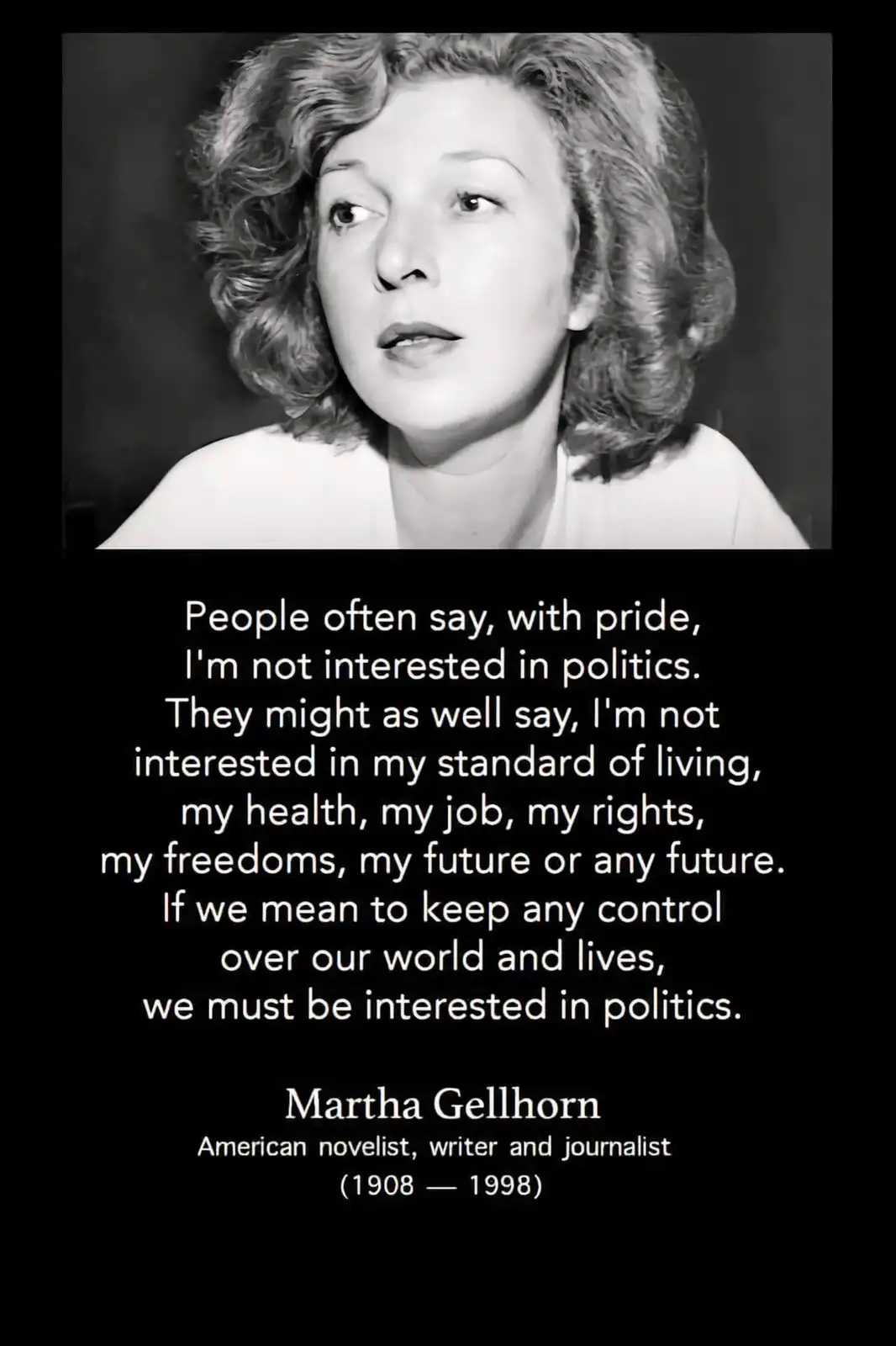 A black-and-white portrait of Martha Gellhorn, an American novelist, writer, and journalist (1908–1998), is shown with a…