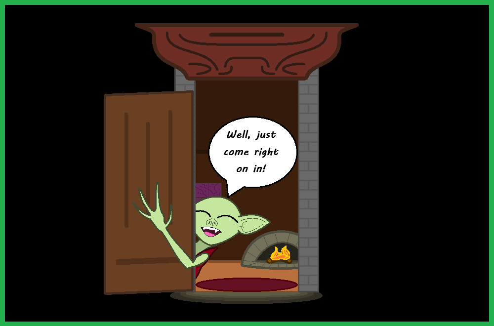 A cartoon green goblin with pointed ears and a wide grin peeks out from behind a partially open wooden door, gesturing…