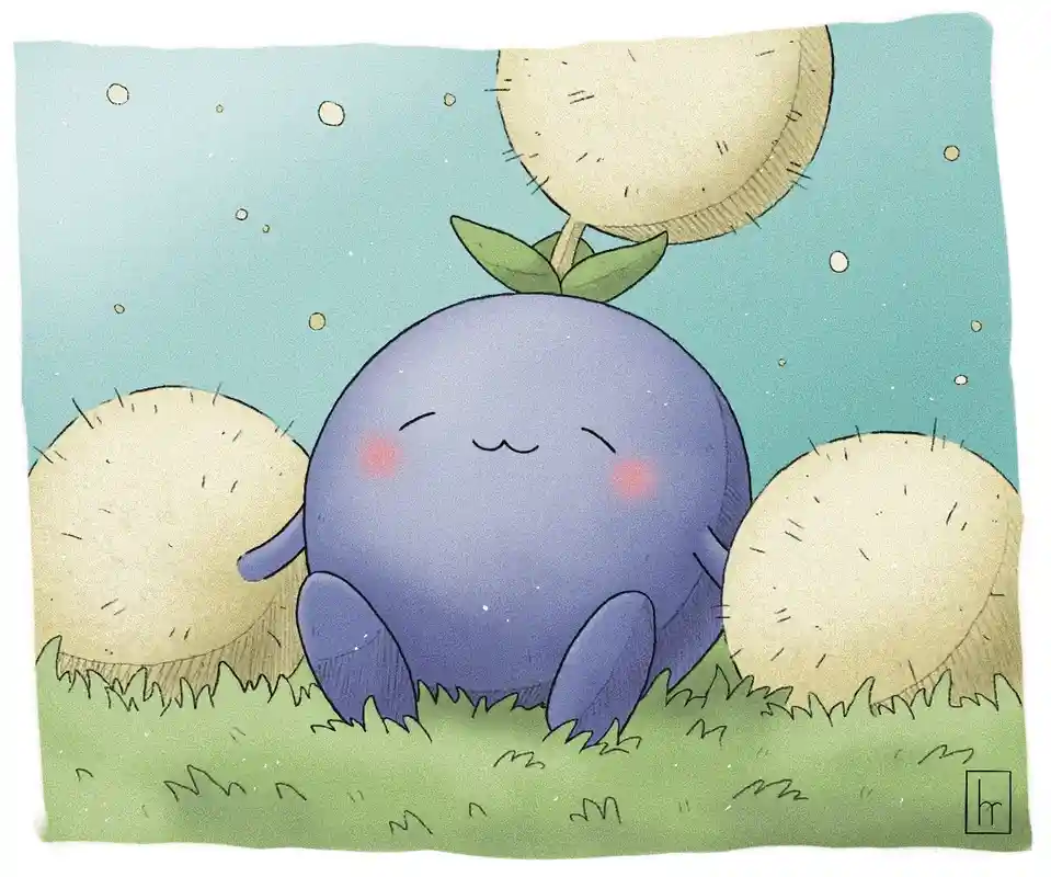 A cute, round, purple cartoon creature with closed eyes and rosy cheeks sits contentedly in grass, surrounded by three…
