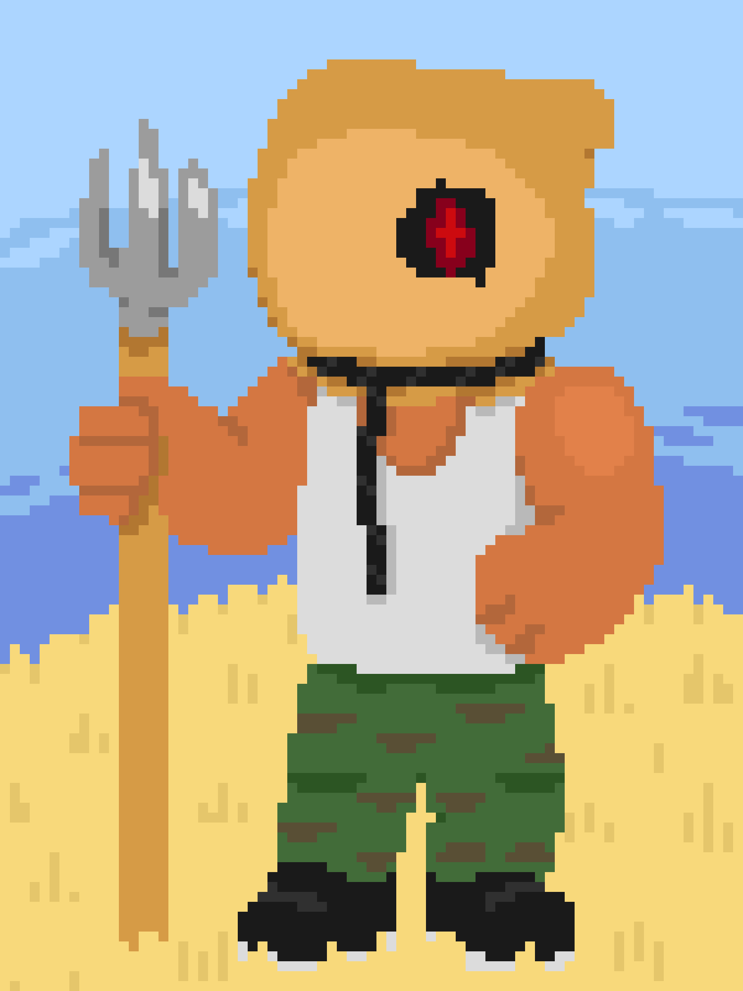 A pixel art character with blonde hair, one eye covered by a red cross patch, and holding a trident. They wear a white…