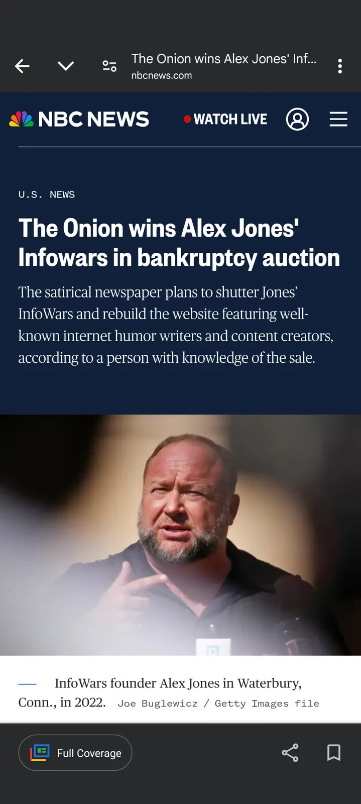 An NBC News mobile article screenshot shows a headline stating 'The Onion wins Alex Jones' Infowars in bankruptcy auction,'…