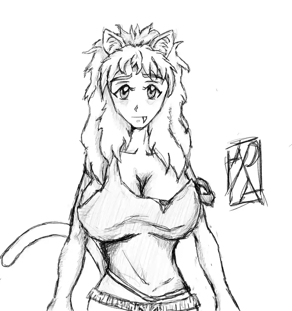 A black-and-white sketch of an anime-style female character with cat ears, a tail, and fangs, wearing a corset-like top. To…