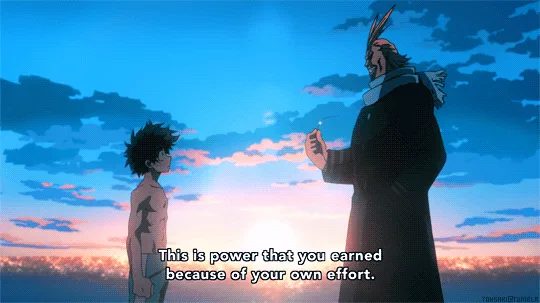 The image shows six identical panels of an anime scene featuring two characters standing outdoors at sunset. A tall…
