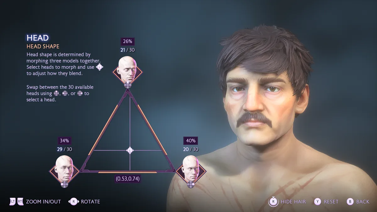 A video game character creation screen showing a male character with a mustache and brown hair, next to a triangular…